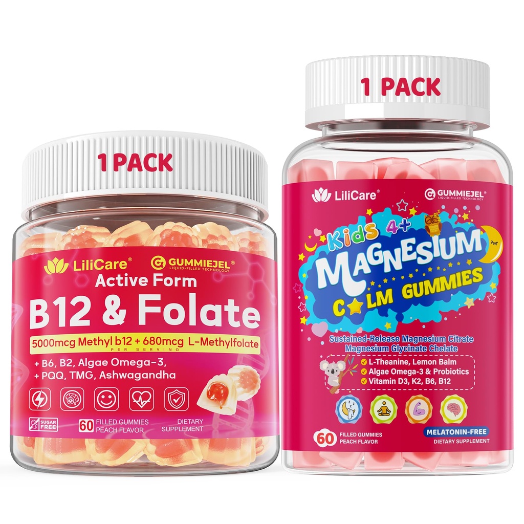 LILICARE Bundle Adult Methyl B12 5000mcg + L-Methylfolate Gummies 1 Pack + Kids Magnesium Glycinate Gummies 1 Pack