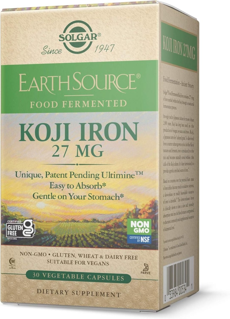 Solgar Earth Source Cibo Fermentato Koji ferro 27mg, 30 capsule vegetali - Assorbimento più alto, Ferro da stiro lento-rilascio - Gentle on The Stomach - Non OGM, Vegan, Gluten Free, Dairy Free, Kosher - 30 Servings