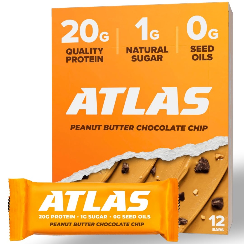 Atlas Bar – 20g Protein, 1g Zucchero, 0g Oli Seme, 0g Dolcificiali (Peanut Butter Chocolate Chip, 12 Conte)
