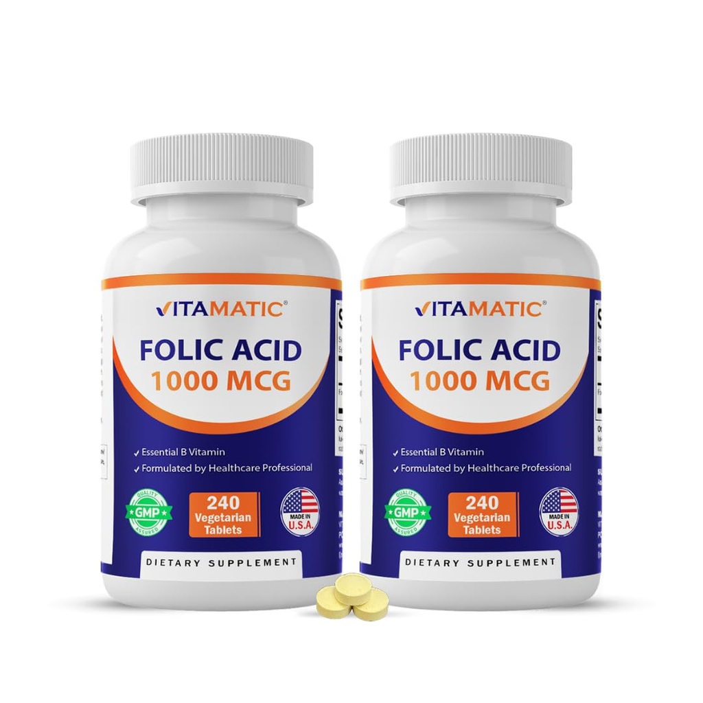 Acido folico Vitamatico 1000 mcg (1 mg) – 240 compresse vegetariane (pacchetto di 2) 1667 mcg DFE – Vitamina B9 per la salute prenatale, cardiaca e cellulare