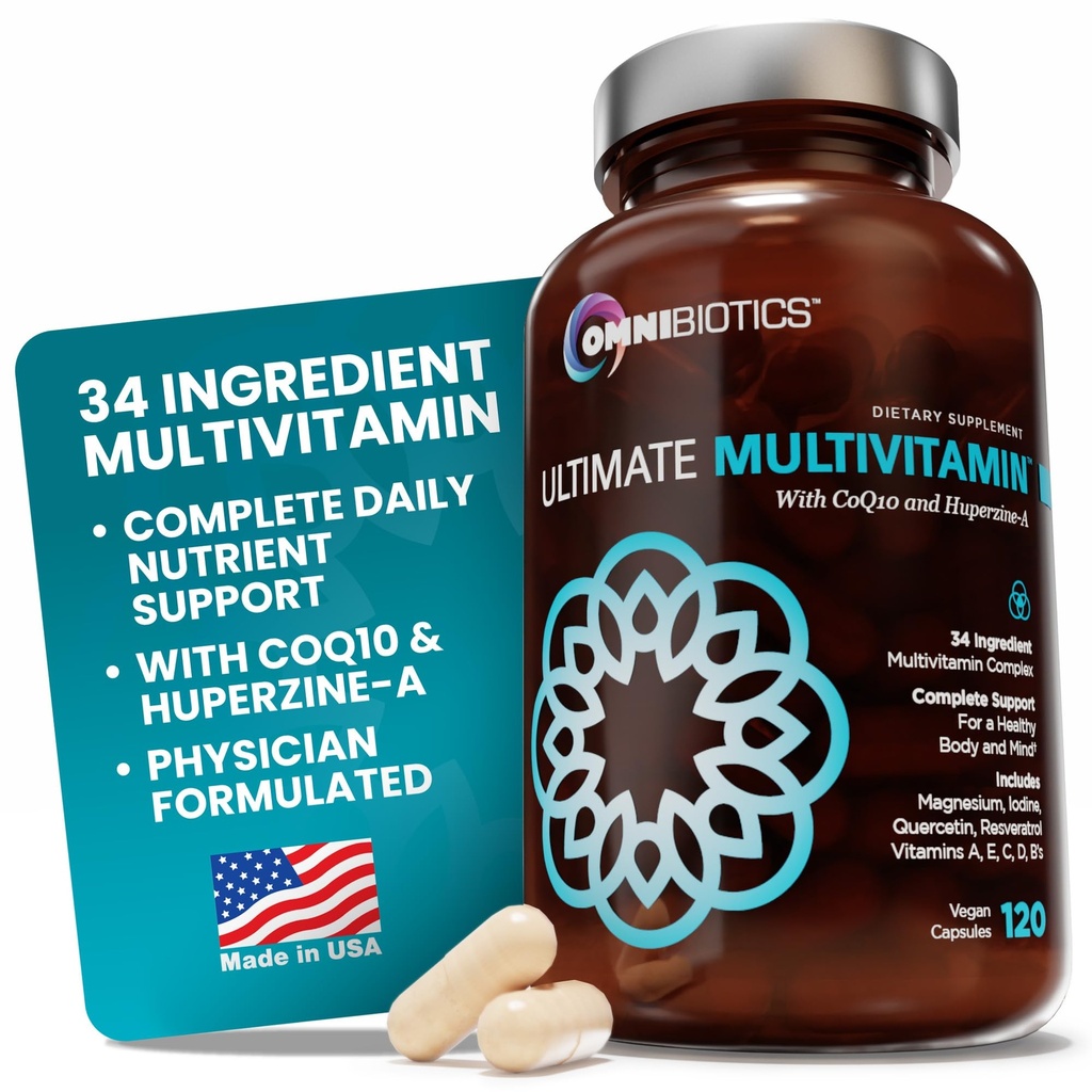 OmniBiotics Ultimate Daily Multivitamin for Women & Men – 34 Essential Ingredients Including Vitamin A, C, D, E, B6, B12, Biotin, Zinc – 120 Vegan Capsules