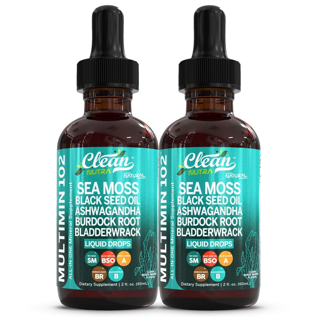 Clean Nutraceuticals Sea Moss Drops Supplement Liquid with Black Seed Oil Ashwagandha Burdock Root & Bladderwrack - Multimineral Organic Non-GMO Vegan for Gut Heath Skin Immune Support Hair (2 Pack)