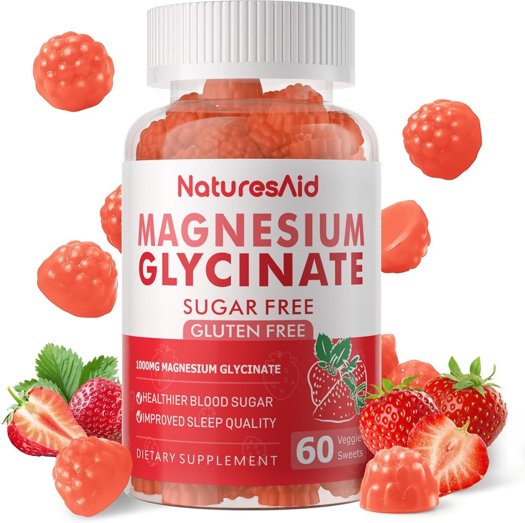 Magnesium Glycinate Gummies 1000mg - Zuckerfreie Magnesium Kalium-Ergänzung mit Vitamin D, B6, CoQ10 für ruhige Mood & Schlaf-Unterstützung - 60 Erdbeergummis -1 Pack