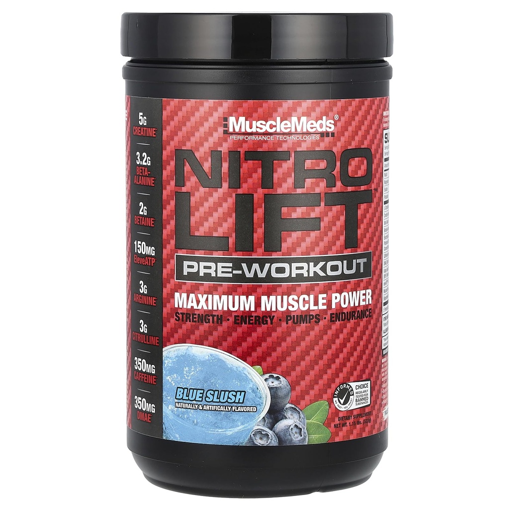 MuscleMeds Nitro Lift Pre Workout Enhance Endurance and Muscle Performance, Blue Slush, 40 Servings