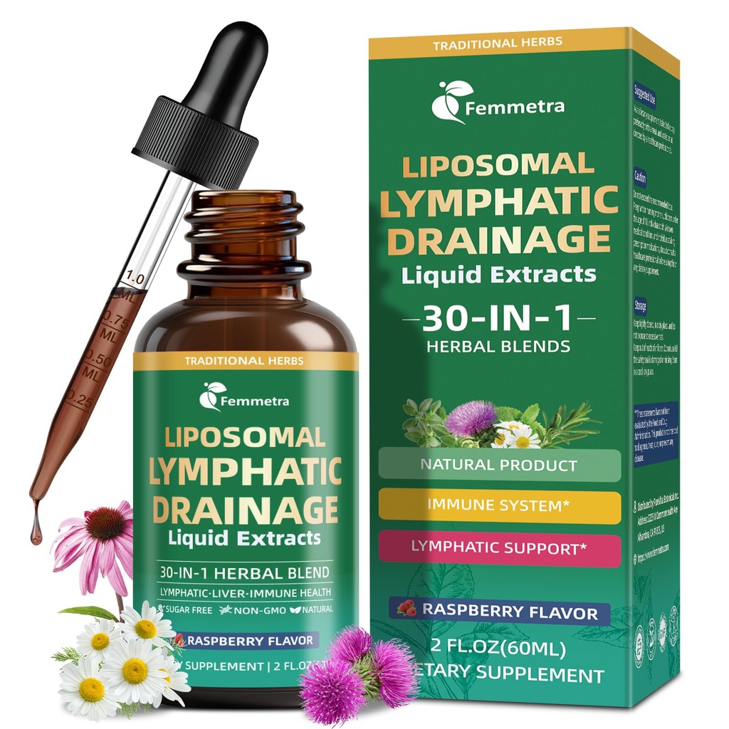 Liposomal Lymphatic Drainage Supplements with 30-in-1 Herbal Blend - Echinacea | Oregano | Milk Thistle - Sugar Free Lymph System Drops - Immune Support, Cleanse & Detox, Raspberry Flavor, 2 fl oz
