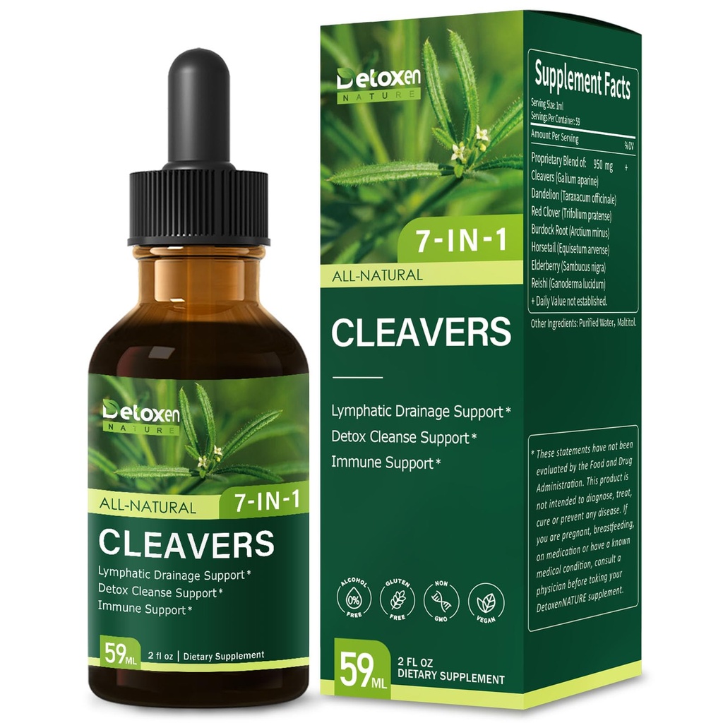 Cleavers Herb Extract Organic Drops for Lymphatic Drainage Support, Detox Cleanse Support with Dandelion Horsetail. Health Herbal Supplements for Immune Support w/Elderberry Reishi.2 oz