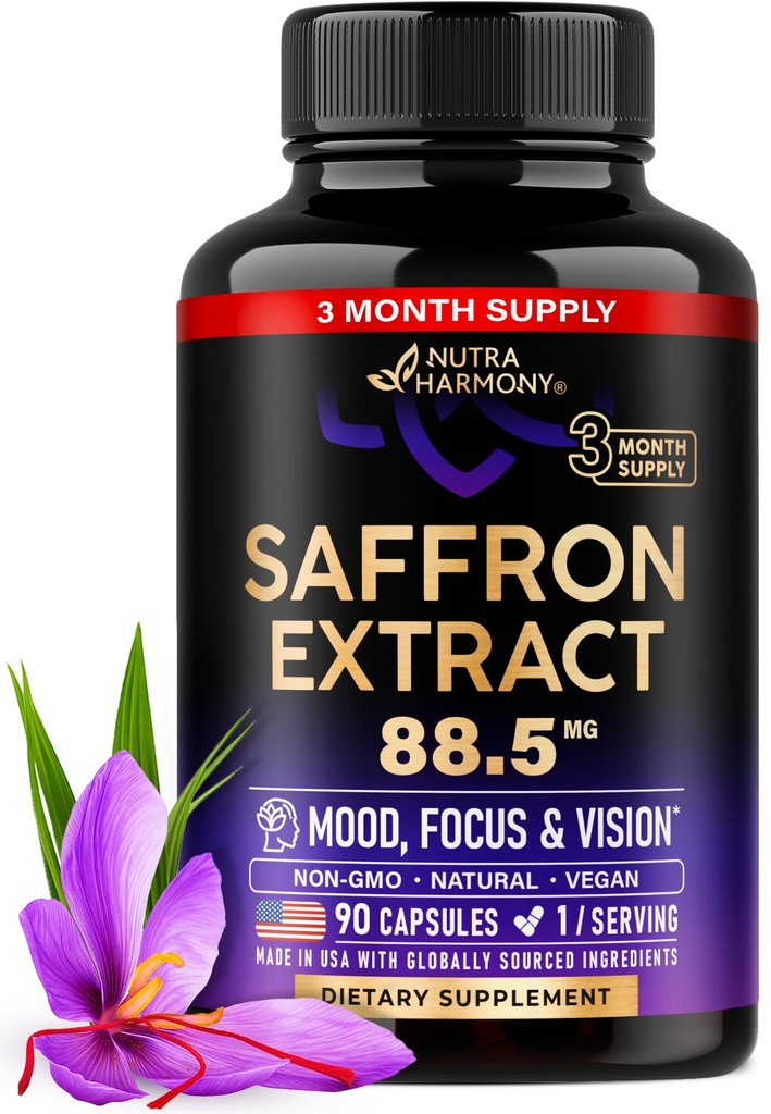 Natural Saffron Supplements - Pure Saffron Extract 88.5 mg - Made in USA - Mood | Focus | Vision | Energy Support - Augengesundheit für Damen und Herren - NonGMO Vegan Pillen - 90 Pulver Kapseln, 3 Monate Versorgung