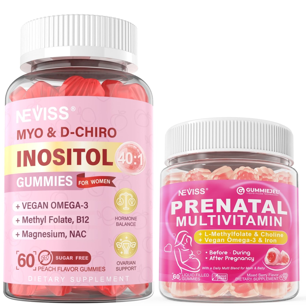 NEVISS Sugar Free 1 Pack Prenatal Vitamins for Women Gummies for Before,During & After Pregnancy + 1 Pack 40:1 Ratio Inositol Gummies