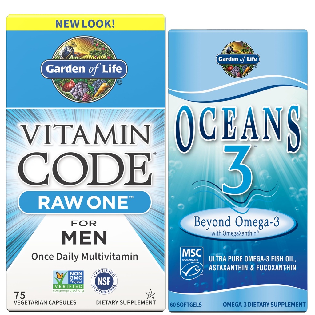Garden of Life Men’s Multivitamin & Omega 3 Bundle – Vitamin Code Raw One Multivitamin for Men (75 Count) + Oceans 3 Ultra Pure EPA/DHA Fish Oil with Antioxidants (60 Softgels)