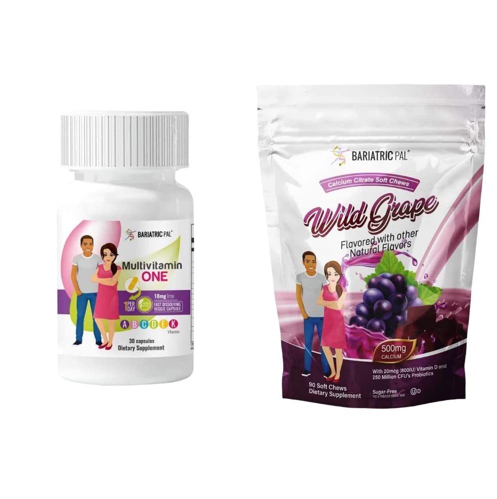 BariatricPal 30-Day Bariatric Vitamin Bundle (Multivitamin ONE 1 per Day! Capsule with 18mg Iron and Calcium Citrate Soft Chews 500mg with Probiotics - Wild Grape)