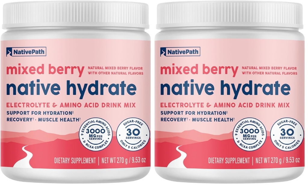 NativePath Native Hydrate, Zero Sugar, Electrolytes Powder with BCAAs, Mixed Berry Hydration, Keto & Paleo Friendly, 30 Servings (Pack of 2)