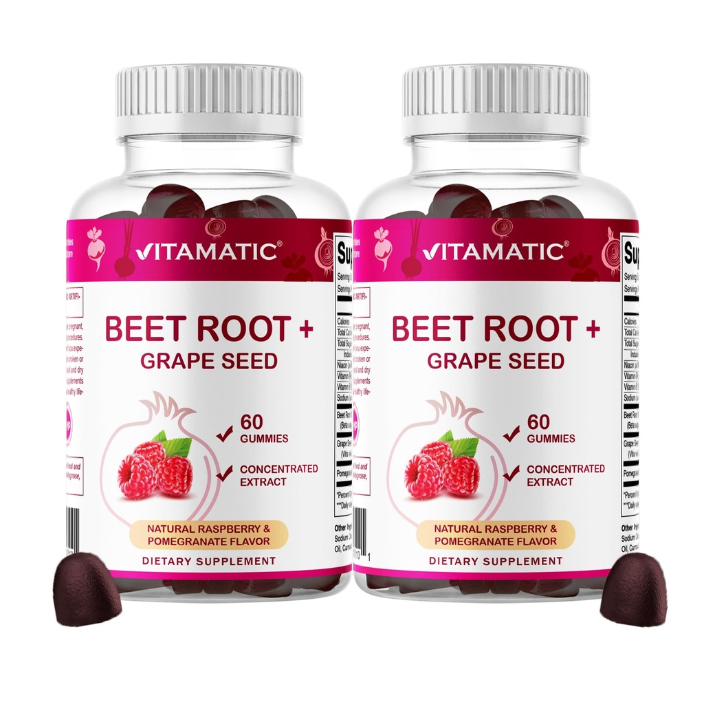 Gommies de racines de betteraves vitaminiques - 3000mg Équivalent par portion - 60 Gommies - Fait avec la vitamine B6, B12, Graines de raisin, grenade et nicotinamide (paquet de 2)
