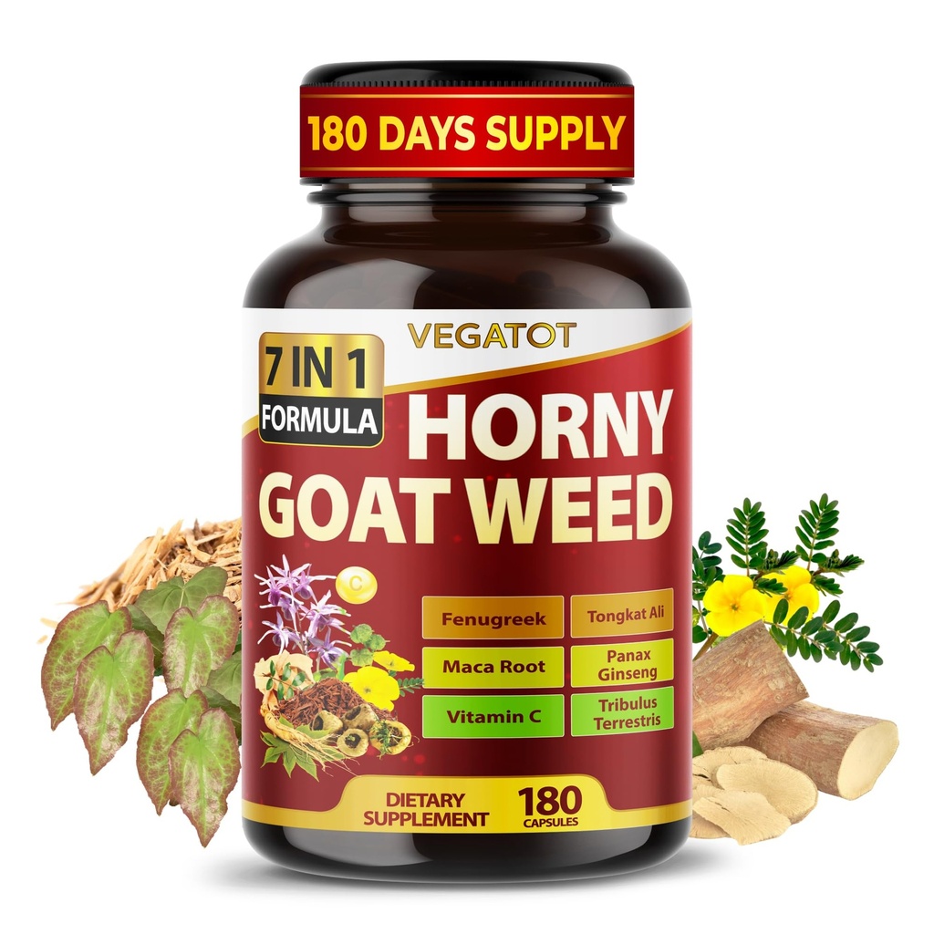 Horny Goat Weed 600 mg mit Yohimbine, Tongkat Ali, Maca, Tribulus & Panax Ginseng – 8-in-1 Kraft & Vitalität Unterstützung – 180 Kapseln – Vegatot – Glutenfrei, Labor verifiziert