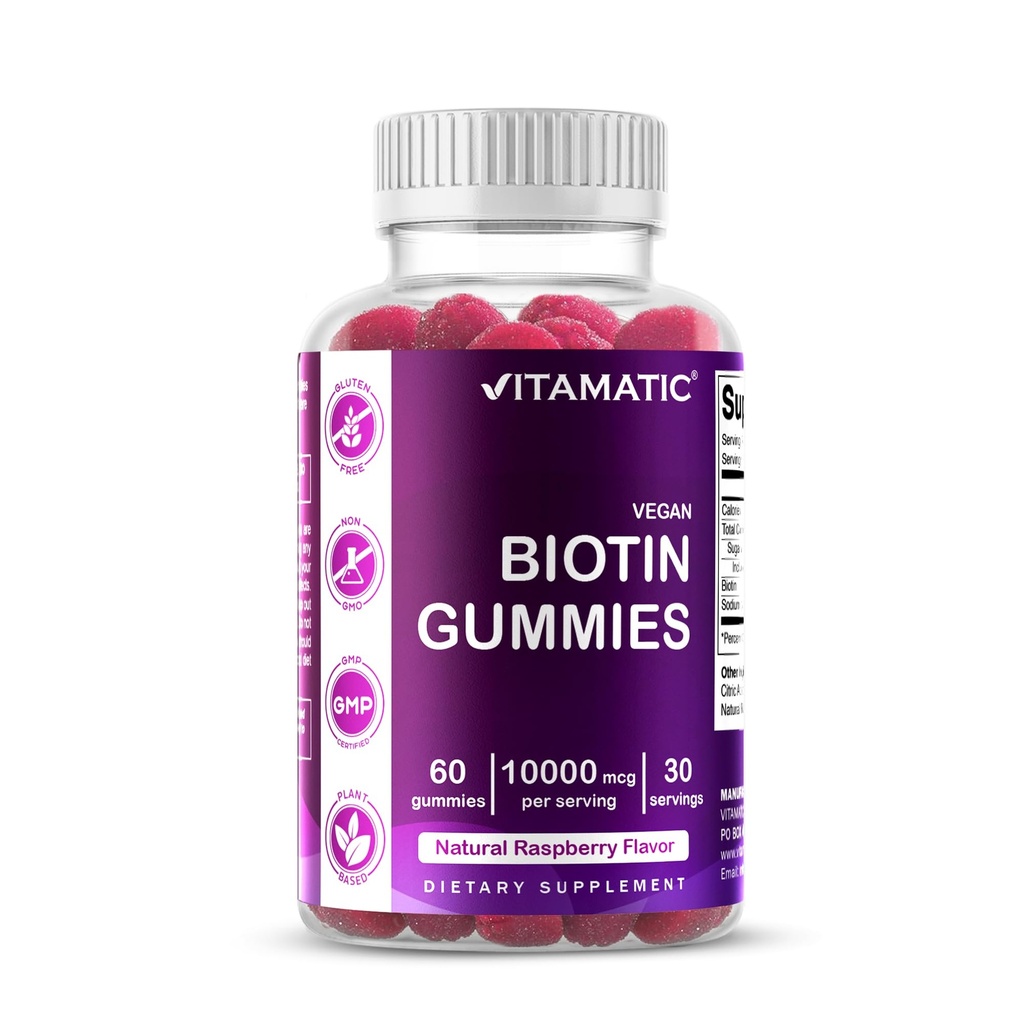 Biotine Vitamatique Gommies 10 000 mcg pour cheveux, peau et ongles plus forts - 60 Gommies Vegan - également appelé vitamine B7 (1 bouteille)