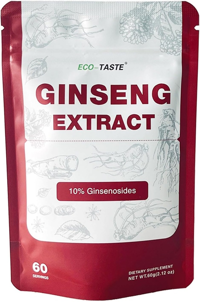 Estratto di radice di ECO-TASTE Ginseng Panax in polvere per Smoothies, Caffè o Bevande, 10% Ginsenosides, 60g (60 Serve)
