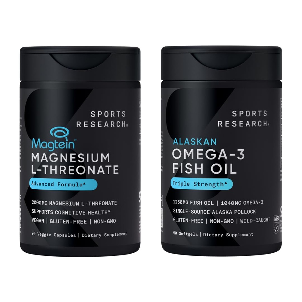 Sports Research® 90 Ct Cognitive Health Support Pack - Triple Strength Omega 3 Fish Oil EPA DHA Grassty Acids from Single-Source Wild Alaskan Pollock & Magtein Magnesium L-Threonate for Memory, Focus