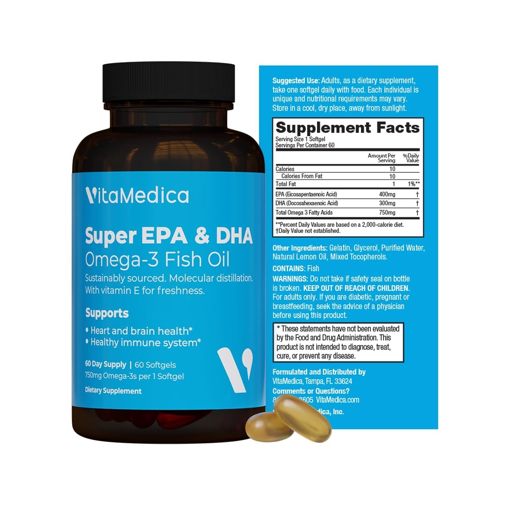 High-Potency, Super EPA/DHA Fischöl 750mg essentielle Omega-3 Fettsäuren | EPA & DHA | Herzgesundheit, Gehirngesundheit, Immunsystem Gesundheit