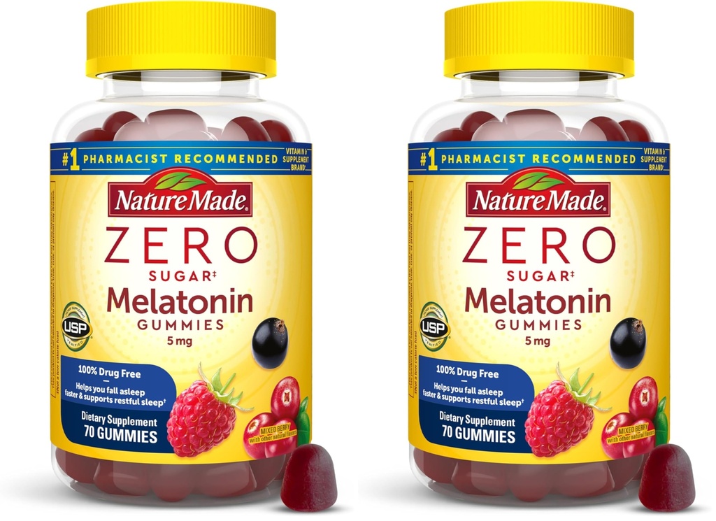 Nature Made Zero Sugar Melatonin 5mg Schlafgummis für Erwachsene Extra-Stärke, 100% Drug & Aspartame Free, 70 Sugar-Free Melatonin Gummies, 70 Day Supply, (Paket von 2)