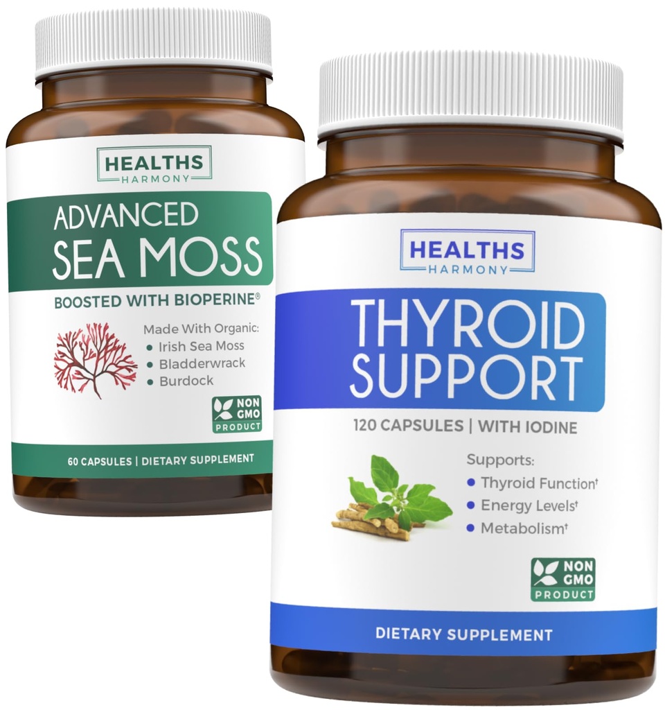 Bundle of Thyroid Support & Sea Moss - Sea Moss Thyroid Care Pack - Thyroid Support mit Jod (120 Caps) & Irish Sea Moss Kapseln - Raw Vegan Supplement mit BioPerine (Non-GMO & Organic)