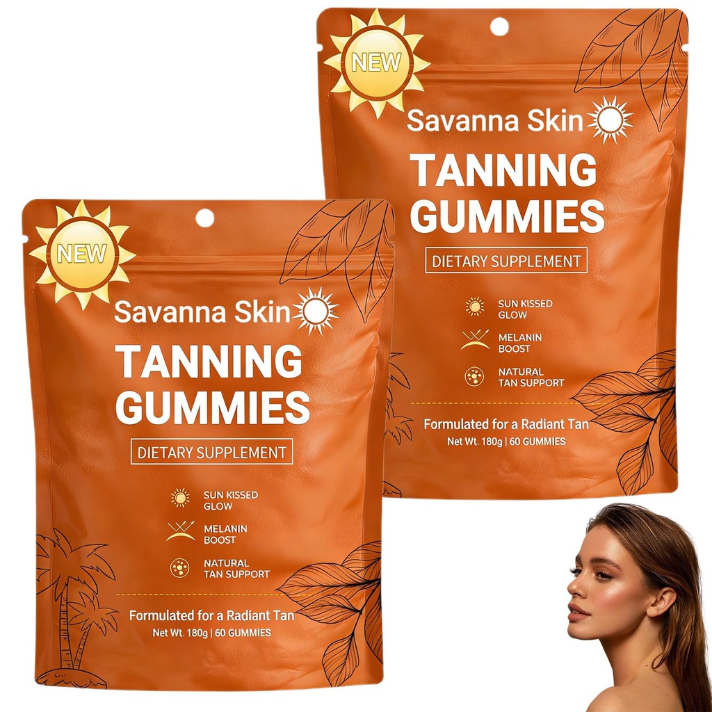Savanna Skin Tanning Gummies, Tanning Gummies for Women Beta Carotene, Tanning Gummies That Work Fast Without Sun (2PCS)