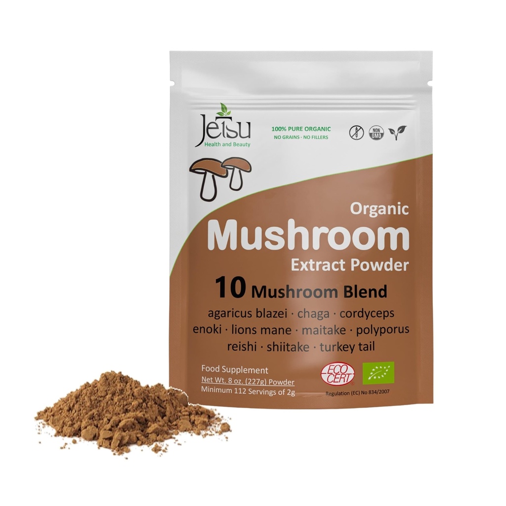 Pilz-Extrakt-Pulver - Leistungsstarke 10 Blend, Bio-Löwen-Mane, Cordyceps, Reishi, Shiitake, Türkei-Tail-Mushrooms Nootropic Brain-Ergänzung für Energie, Ruhe, Fokus & Immunsystem Booster