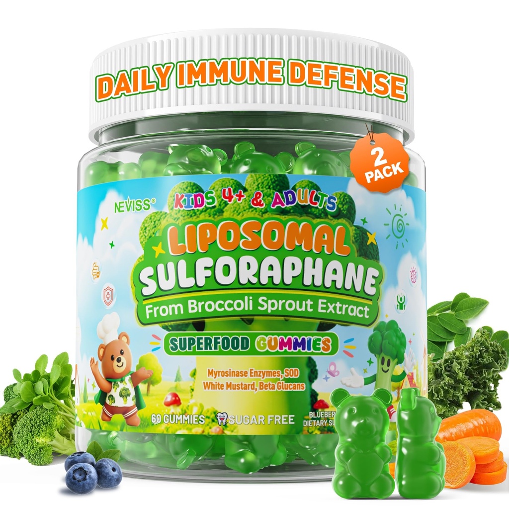 Liposomal Sulforaphane Gummies from Organic Broccoli Sprouts with Superfood, Beta Glucans, Myrosinase, White Mustard For Kids 4+ & Adults Immune, Brain, Cell, Antioxidants, Vegan, Sugar Free, 120cts