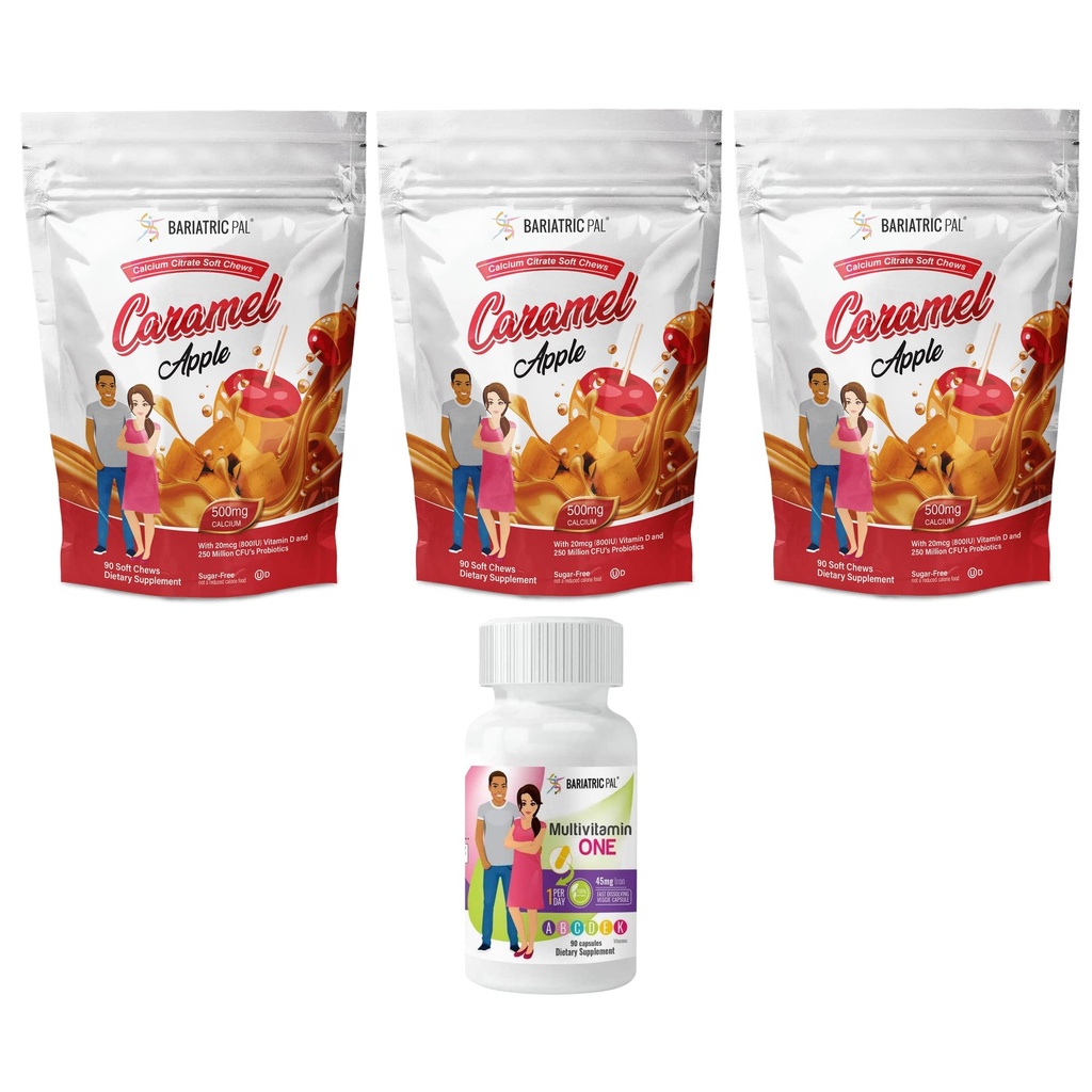 BariatricPal 90-Day Bariatric Vitamin Bundle (Multivitamin ONE 1 al giorno! Capsule con 45 mg Ferro e Calcio Citrato Cuciture Morbide 500mg con Probiotici - Mela Caramel)
