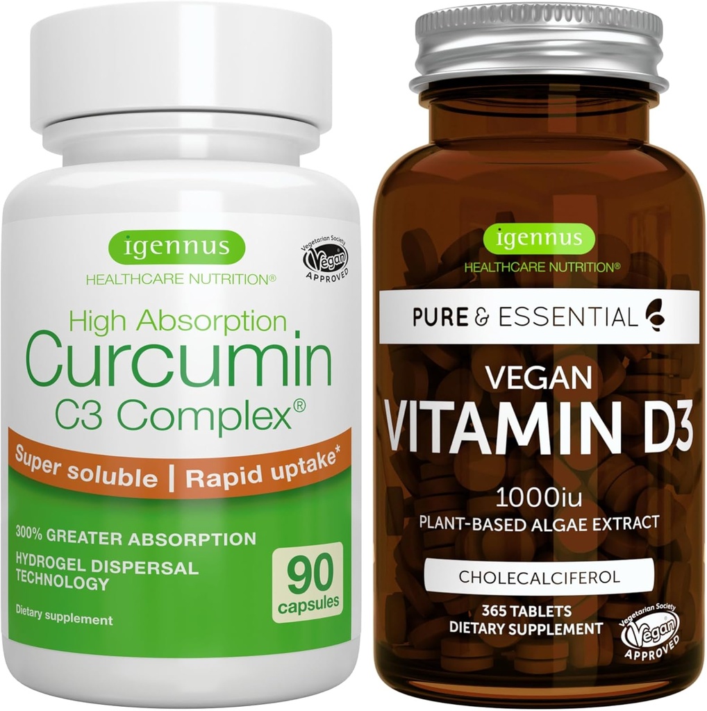 Vegan vitamina D3 + alta assorbimento Curcumina C3 complesso, Vegan Bundle, 365 1000iu Vitamin D3 compresse + 300% più grande assorbimento curcuminoidi con assorbimento rapido, da Igennus