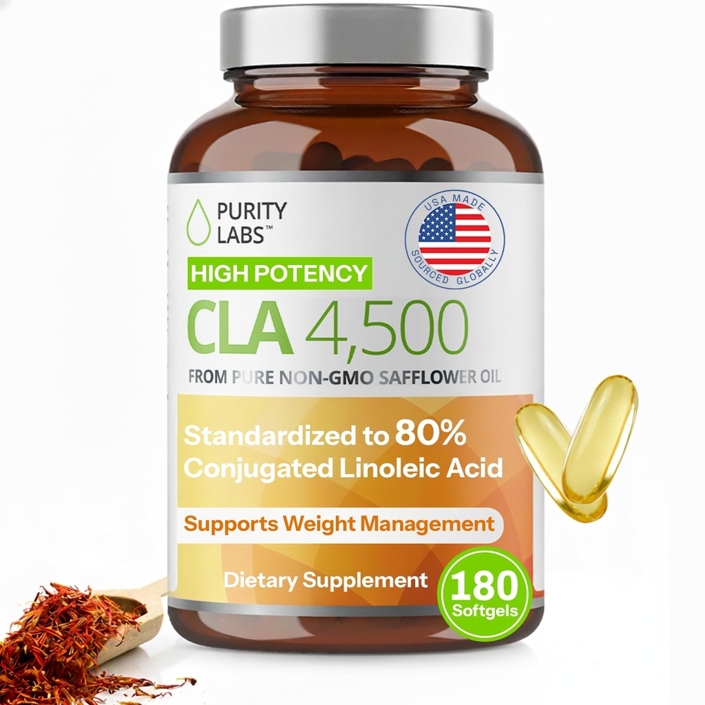 Purity Labs CLA Suppléments 4500MG - Huile de carthame non OGM - Soutient l'énergie, la perte de poids, la santé cardiaque et la santé musculaire - 180 Gels mous