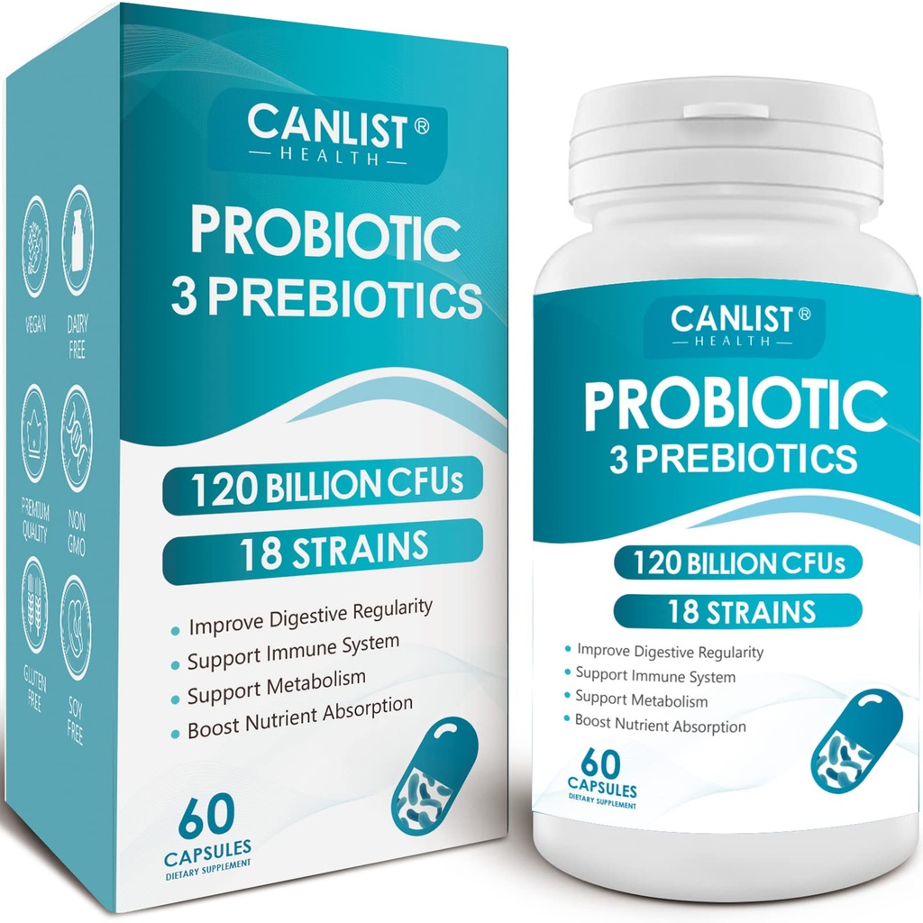 CANLIST Probiotics 120 Billion CFUs 18 Strains, 3 Prebiotics & Digestive Enzymes for Men Women,Digestive & Immune Support,Shelf Stable Non-GMO 60 Capsules
