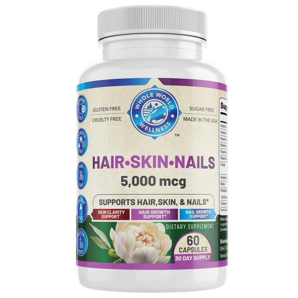 Healthy Hair Skin and Nails Supplement for Women & Men | Supports Skin Clarity, Hair Growth, and Nail Strength | Biotin 5000mcg | 60 Capsules | Made in The USA.