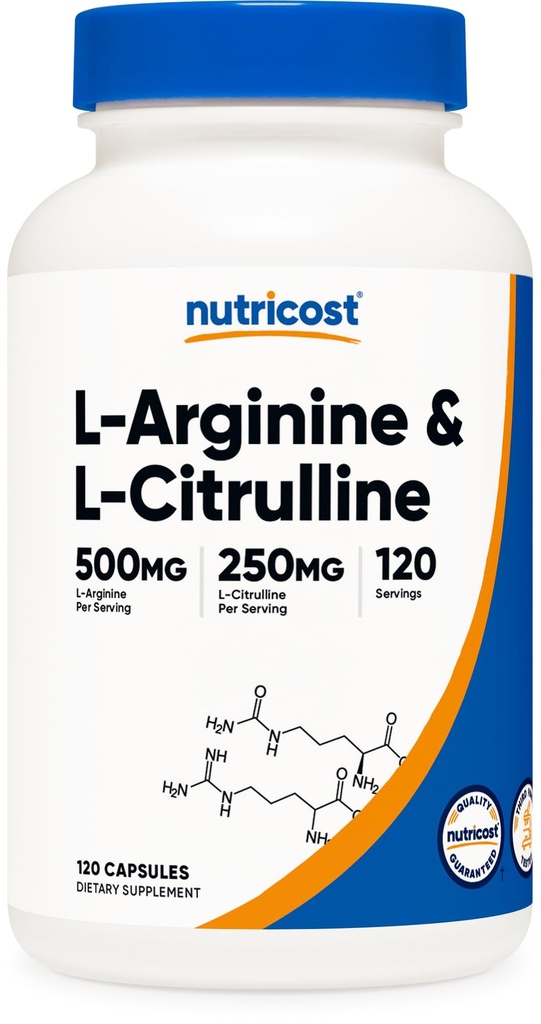 Nutricost Complexe L-Arginine L-Citrulline 750mg, 120 Capsules - Non-OGM