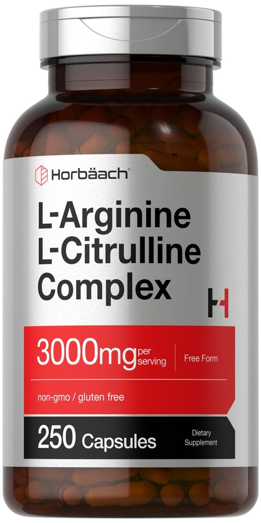 Horbäach L-Arginine L-Citrulline Complex $ 3000mg $ 250 capsules $ Non-OGM, supplément sans gluten