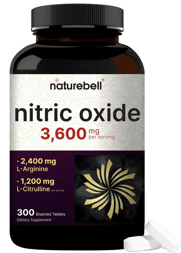 NatureBell Nitric Oxide Supplement for Men & Women – Pre-Workout Formula with L-Arginine & L-Citrulline – 3,600mg, 300 Bisected Tablets (100 Servings) – Max Strength – Non-GMO, Gluten Free*