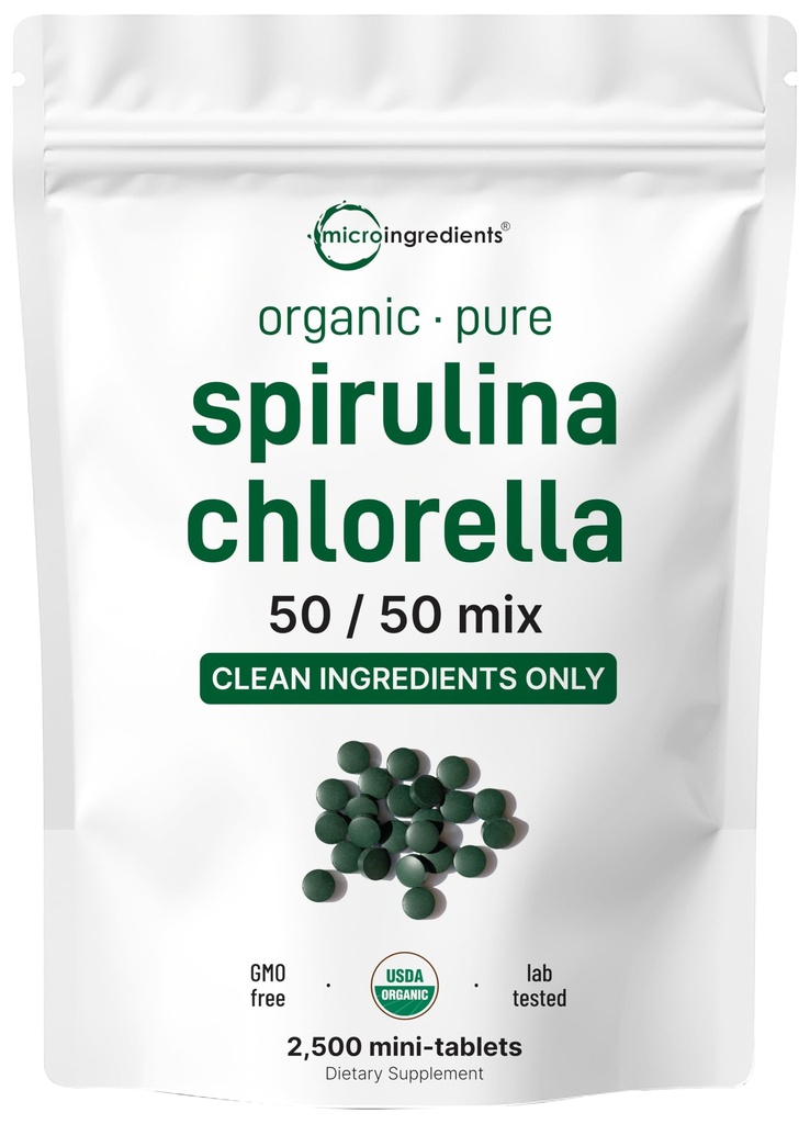 Micro Ingredienti Spirulina Organica Clorella Mini Tablets, 2.500 compresse (8 mesi di alimentazione) | 50/50 Blend Superfood | Muro di cellule screpolate per un migliore assorbimento | Ricco in Proteine Vegane & Chlorophyll