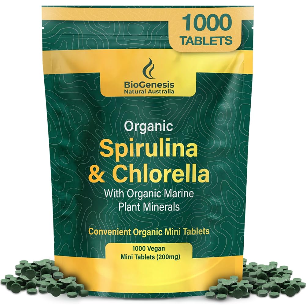 Biogenesis Organic Spirulina, Chlorella & Marine Plant Minerals – 1000 Count (200 mg) | Australian Grown Algae Superfood | Support Energy & Immunity | Vegan Mini Tablets