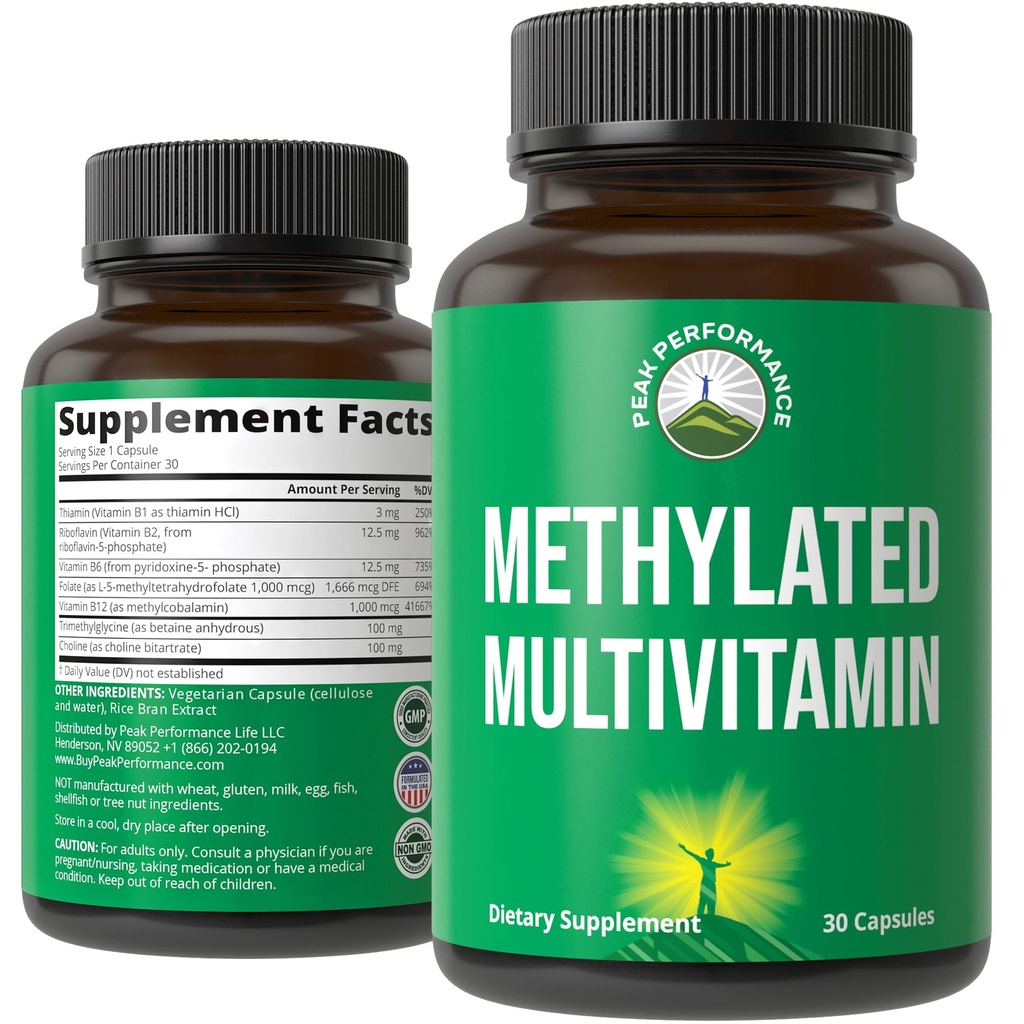 Multivitamina etilata + supplemento complesso B etilato. Con Trimethylglycine (TMG), L Methylfolate, Methyl B12 + B1 + B2 + B6 Vitamins + Choline. MTHFR supplemento per le donne e gli uomini.