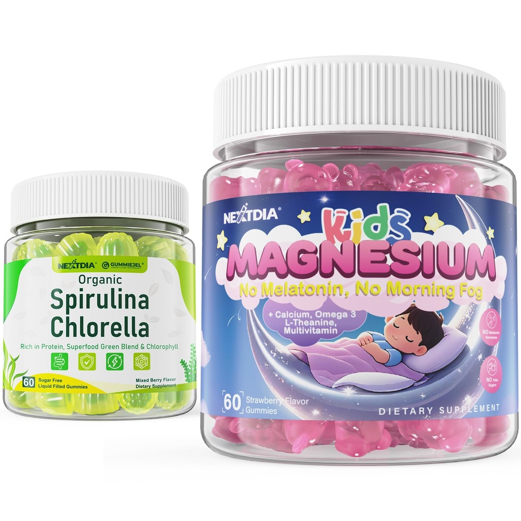 Nextdia Sugar Free Kids Magnesium Gummies 2 Pack + Organic Spirulina Chlorella Gummies 1 Pack