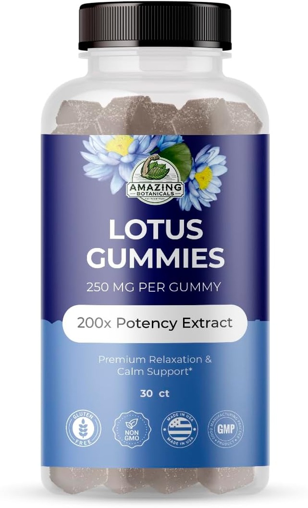 Incredibile Botanicals Blueberry Lotus Flowers Gummies – Rilassamento Premium & Calm Support – Vegan, Non-GMO, Integratore Erborisdizionale senza Glutine, 250MG - Aroma di bacche (30 Conte)