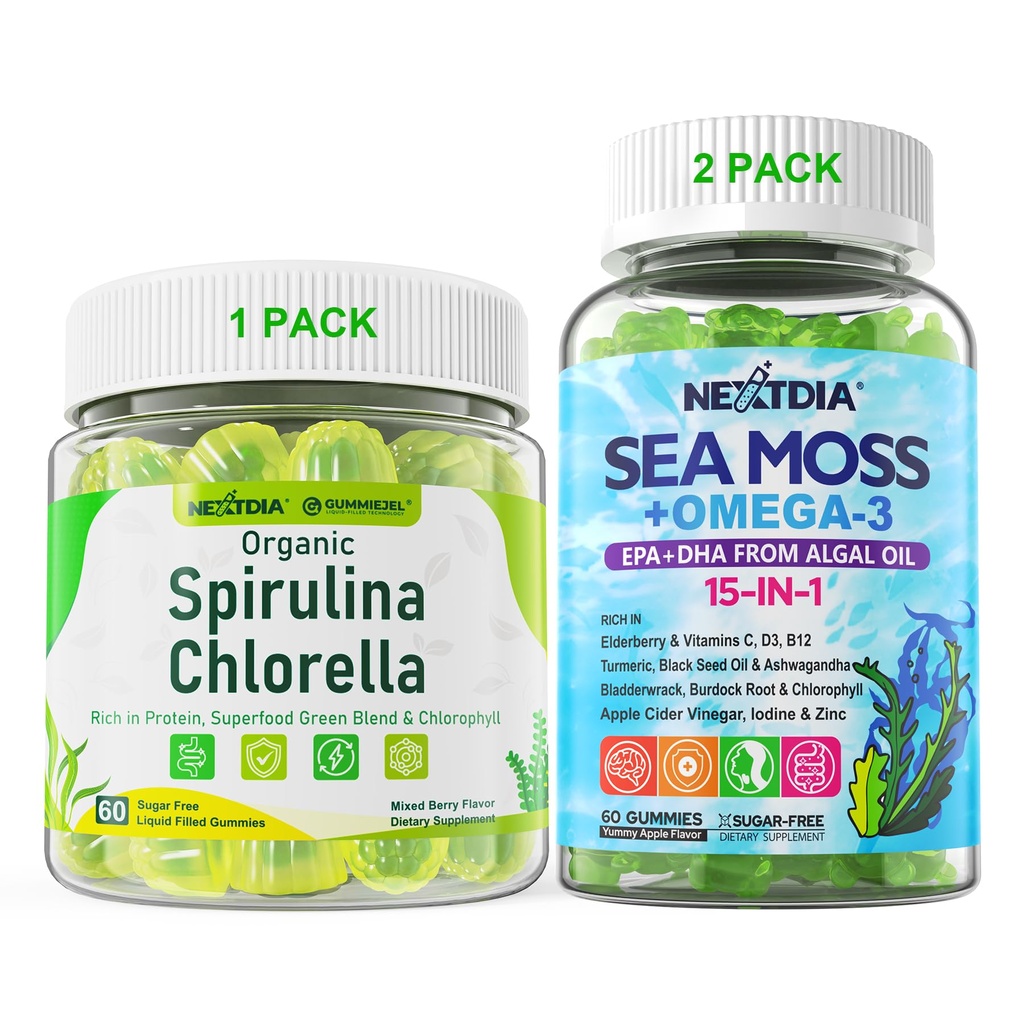 Nextdia Bundle: Spirulina Chlorella Gummies 1 Pack & Sea Moss Gummies 2 Pack