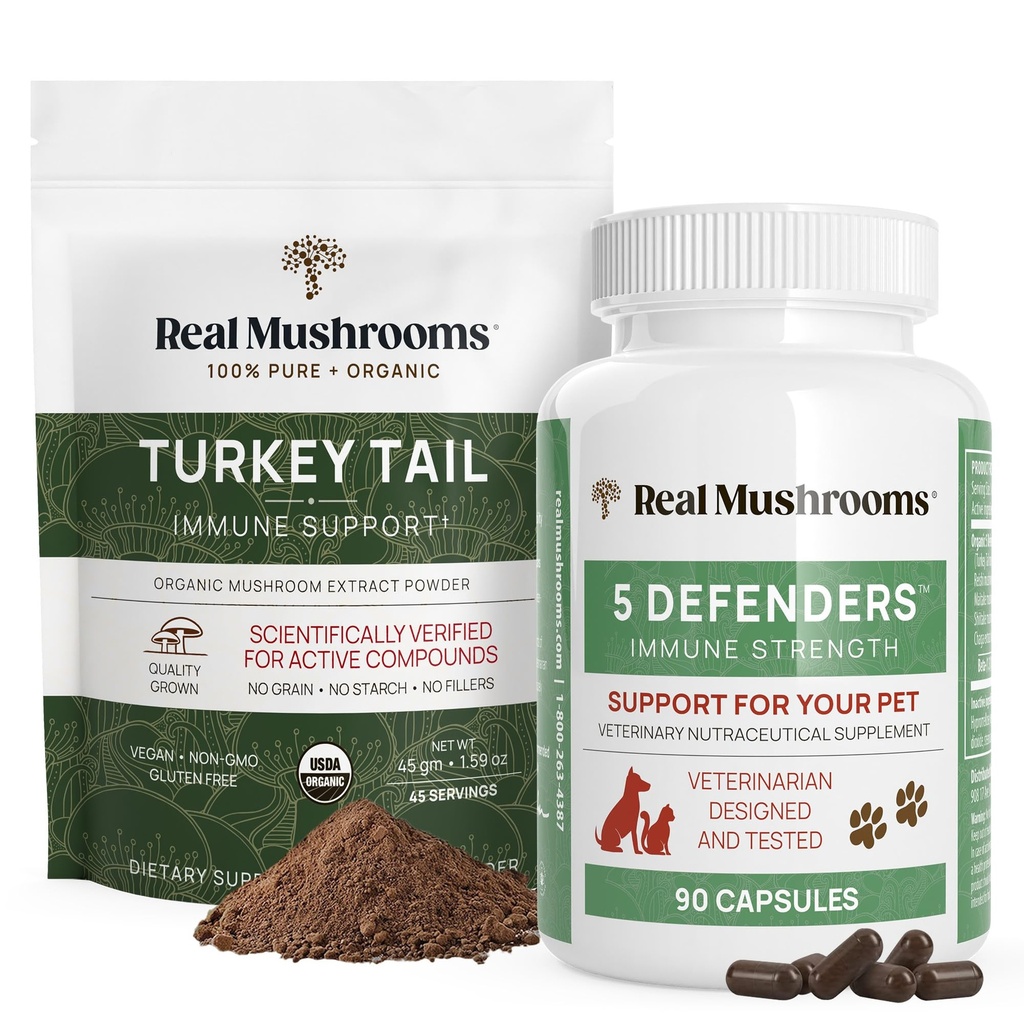 Echte Pilze Türkei Tail Powder for Humans (45 Servierungen) & Turkey Tail for Pets (90ct) - Pulver & Kapseln Bundle für Immununterstützung - Vegan, Non-GMO, Grain-Free, Gluten-Free