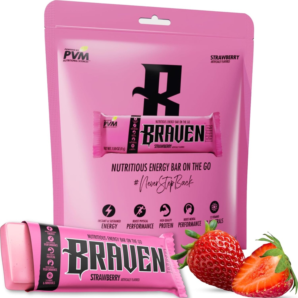 Braven Bar Strawberry Energy Bars (1.59 Unze, Packung mit 10) – Energy Chews Alternative mit 5g Protein – On-the-Go Snacks für Laufen, Wandern und Sport - Gluten Free Snacks - Bars Protein