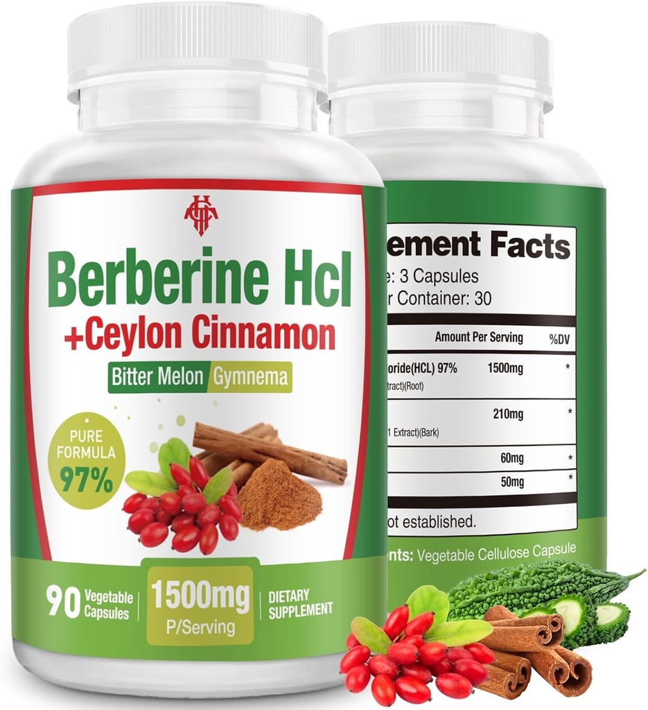Berberine Supplement 1500mg - Premium Berberine HCl 97% Purity Berberine Plus Pure Ceylon Cinnamon, High Potency Berberine for Men Women, Non-GMO Vegan