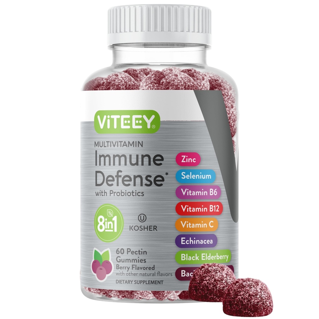 Viteey Multivitamin Gummies 8 in 1 Integratore di Supporto Immune con Probiotici - Booster Immune per Adulti & Teens - Vegetariano, Gelatin Free, OGM Free - Chewable Berry Flavored Pectin Immune Defense