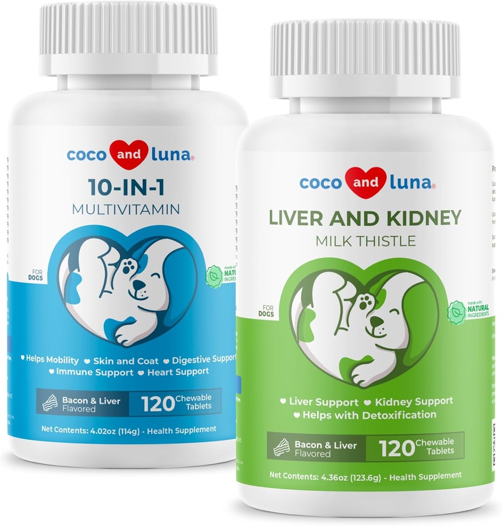 Cardo al latte + 10 in 1 Multivitamina per cani - supporto al fegato, salute della pelle e del cappotto, salute digestiva, Hip e supporto congiunto e salute del cuore.