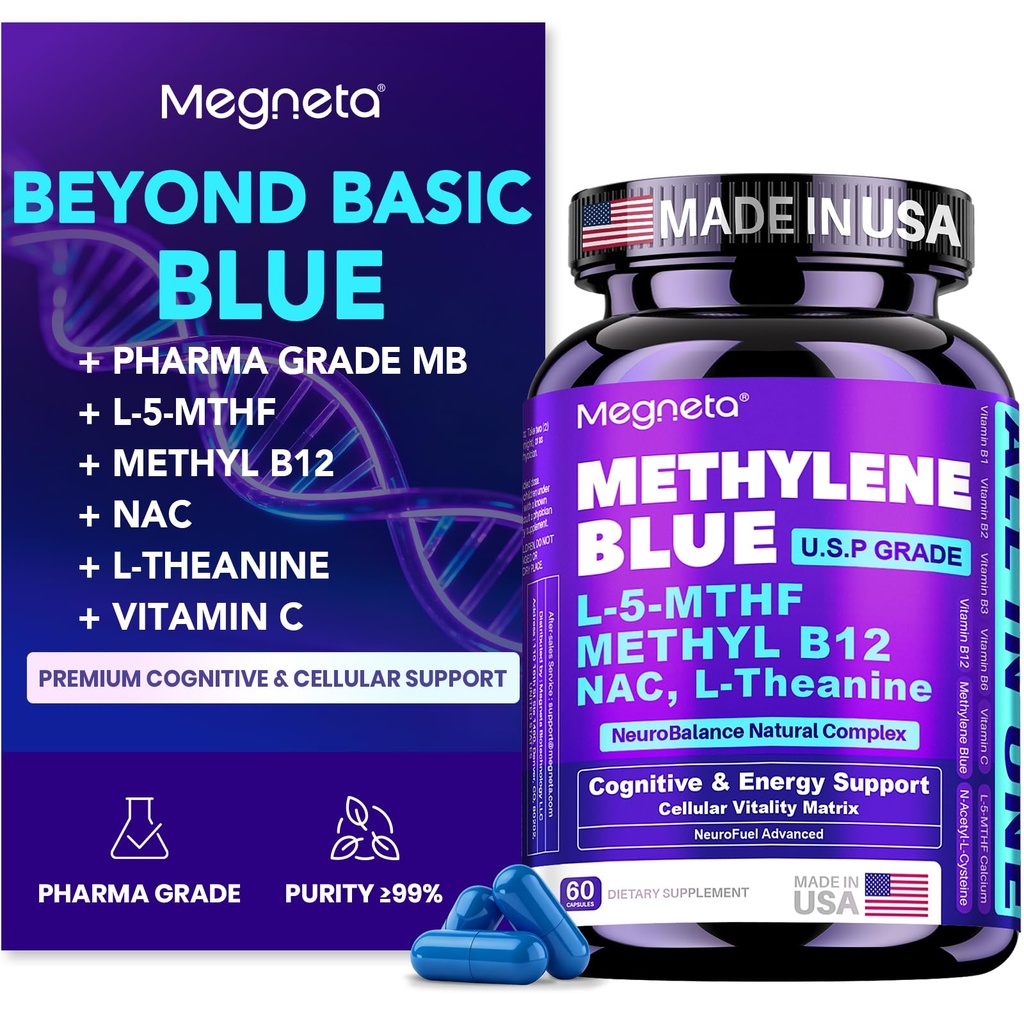 Methylene Blue Pharmaceutical Grade Capsules for Humans - Triple-Pathway Formula with Pure MB, NAC, L-5-MTHF, L-Theanine& Methyl B12 | Cognition, Mental Clarity, Cellular Energy & Antioxidant Support