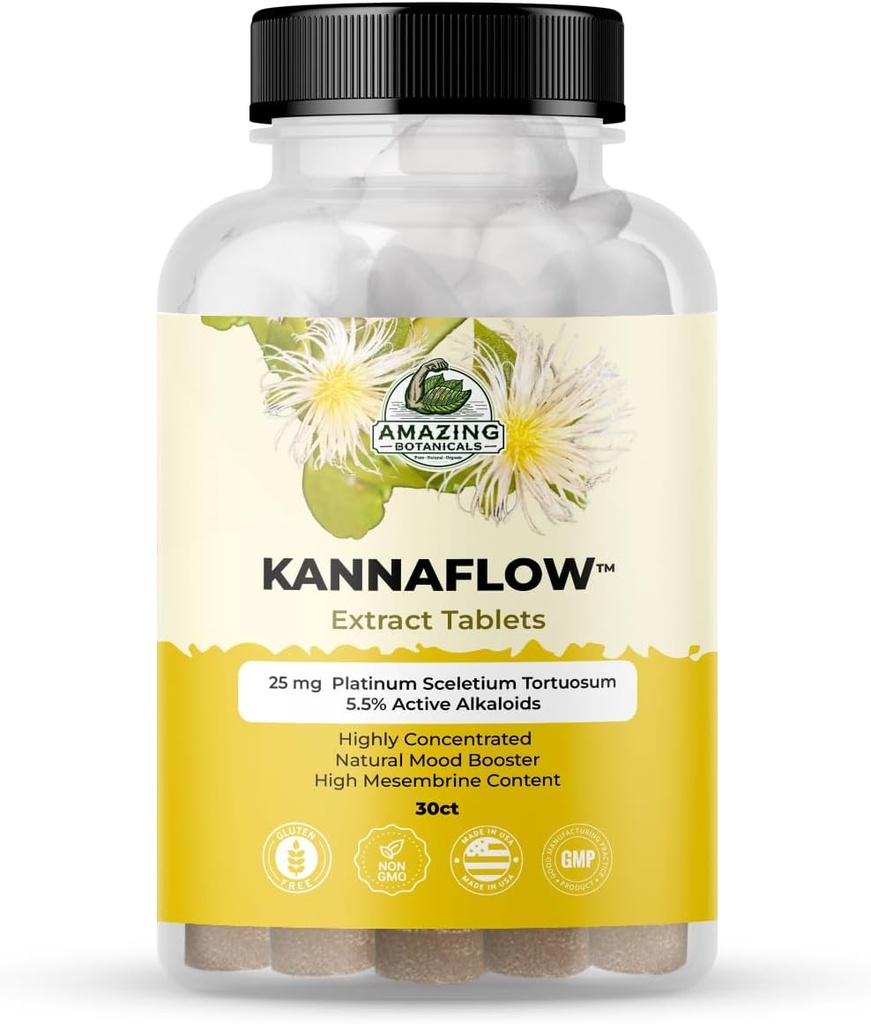 Stupefacenti botanici Platinum Kannaflow Sceletium Tortuosum Kanna Extract Tablets - 25mg | Mesembrine Contenuto | 5,5% Alcaloidi attivi | 30 Count