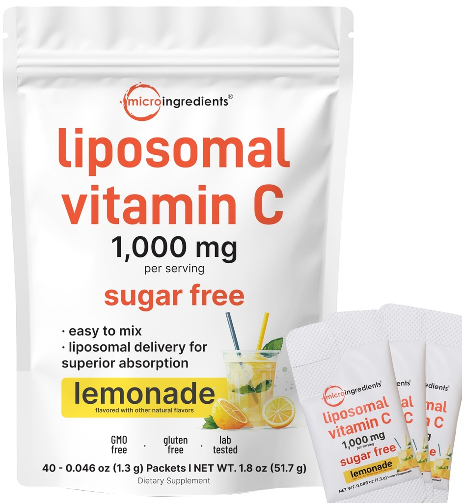 Micro Ingredienti 1.000 mg di vitamina C polvere per uso quotidiano | Forma liposomal grasso-soluble per un migliore assorbimento | Miscela di bevanda senza zucchero di limonata | 40 pacchetti di viaggio, Fast-Dissolving