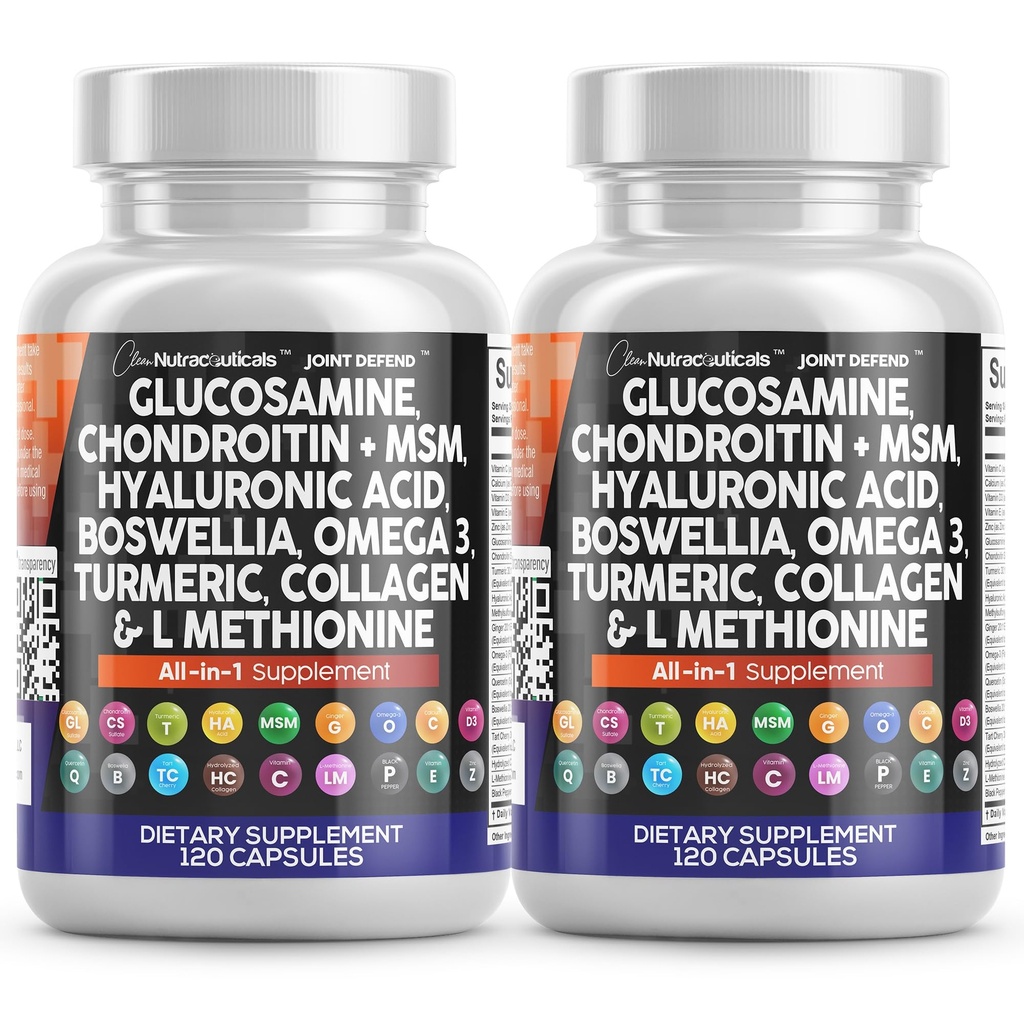 Saubere Nutraceuticals Glucosamin Chondroitin MSM 1500mg mit Kurkuma Curcumin, Kollagen, Hyaluronsäure, Omega 3 - Joint Health Supplement für Männer und Frauen (120 Count (Paket von 2)