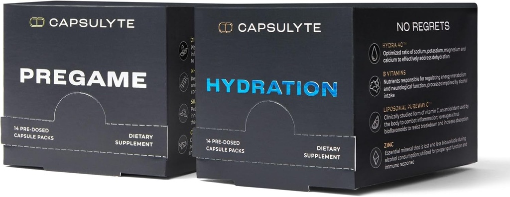 Pregame & Hydration Bundle | Doctor Formulated Alcohol Aid and Recovery | Liver Gesundheit und Elektrolyte, Vitamine, Mineralien | Box von 14 Packungen Jede (56 Kapseln pro Box)